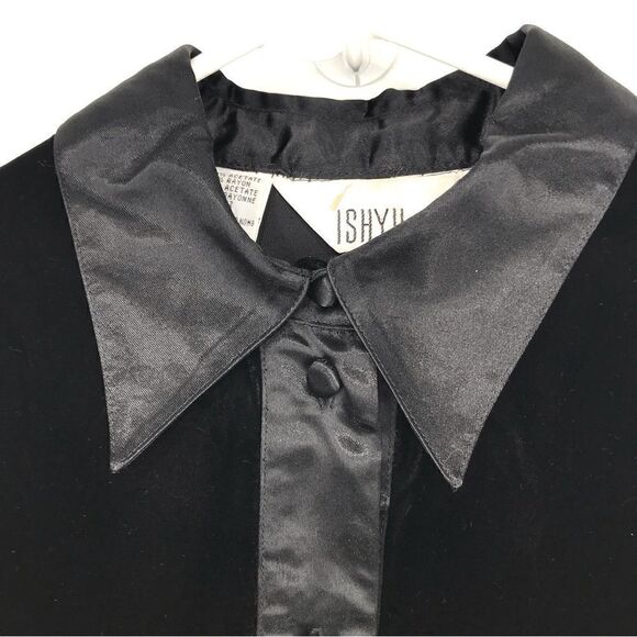 Ishyu Black Velvet Button Up Vintage Tuxedo Blazer Jacket Top - Picture 5 of 12